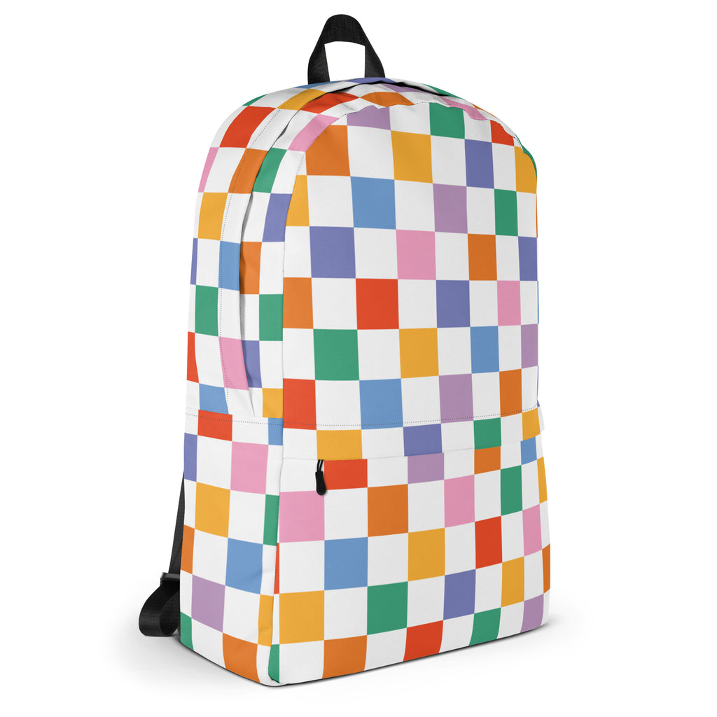 Kids rainbow checkerboard backpack with vibrant multicolor square patterns on a white base for children