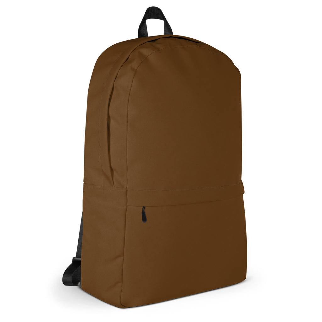 Kids brown minimalist backpack with black zippers and shoulder straps shown from the back side