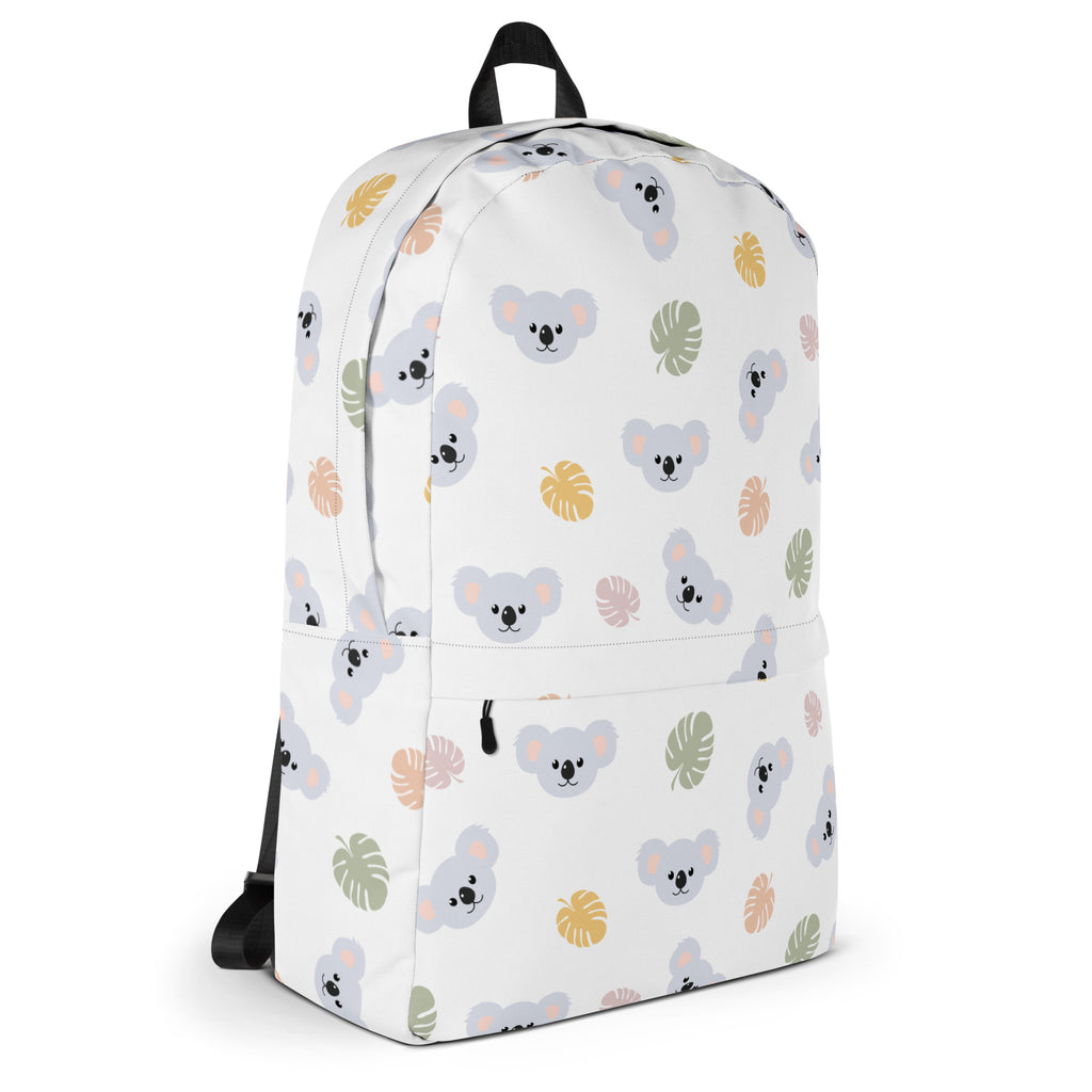 White girls koala bear backpack with playful gray koala faces and soft pastel tropical leaf pattern