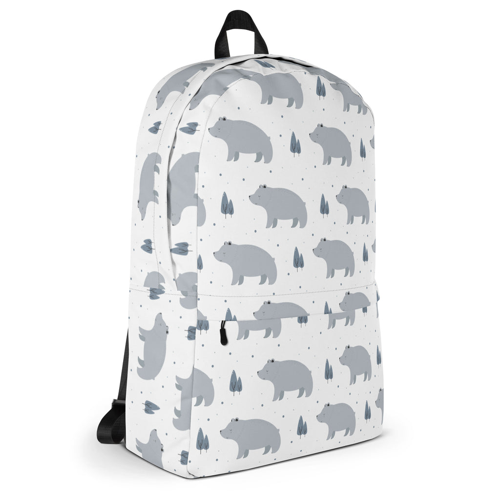 White kids polar bear backpack with playful gray bear and tree pattern ideal for school or outdoor use