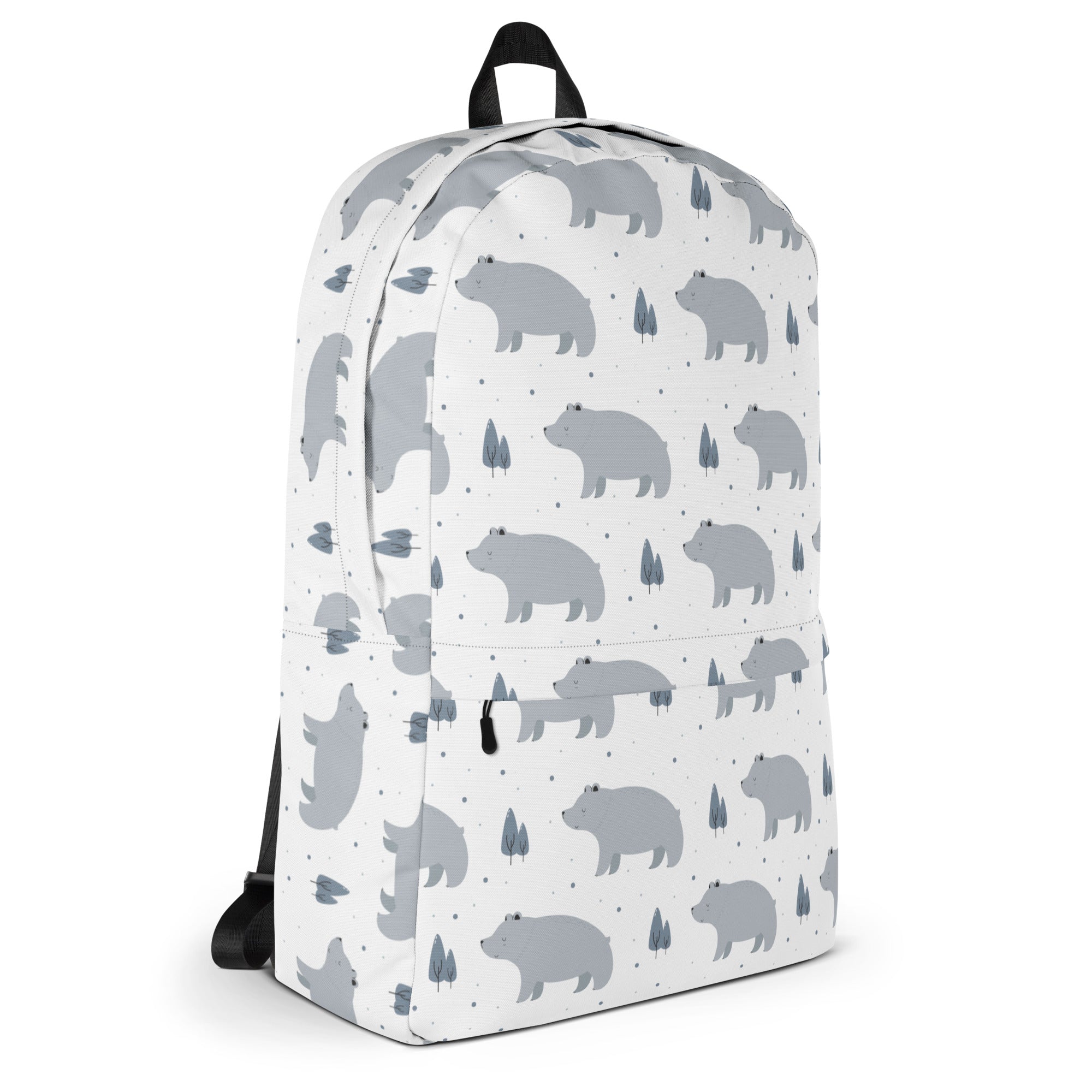 White kids polar bear backpack with playful gray bear and tree pattern ideal for school or outdoor use