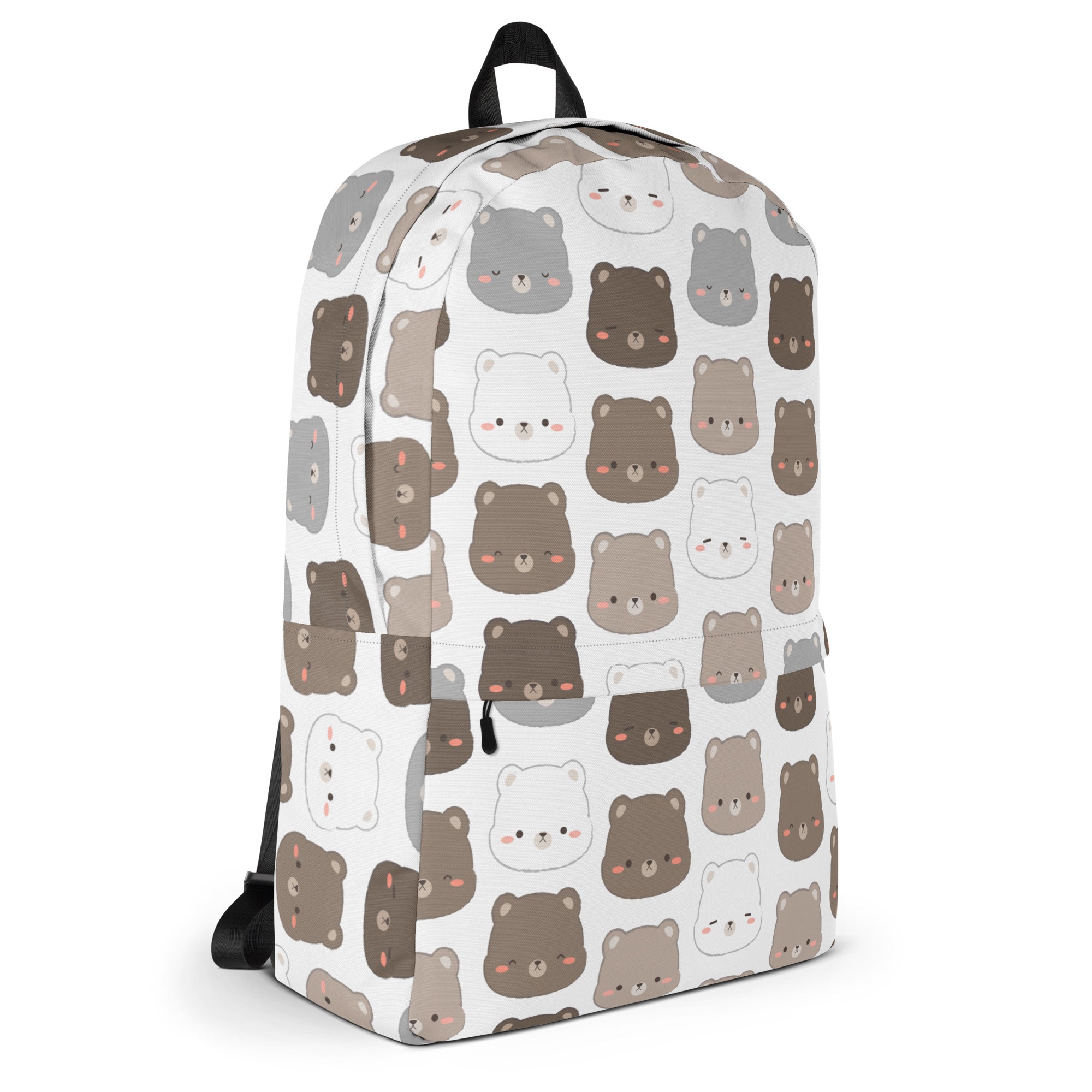 Kids kawaii bear print backpack in white featuring a cute cartoonish brown and gray bear pattern