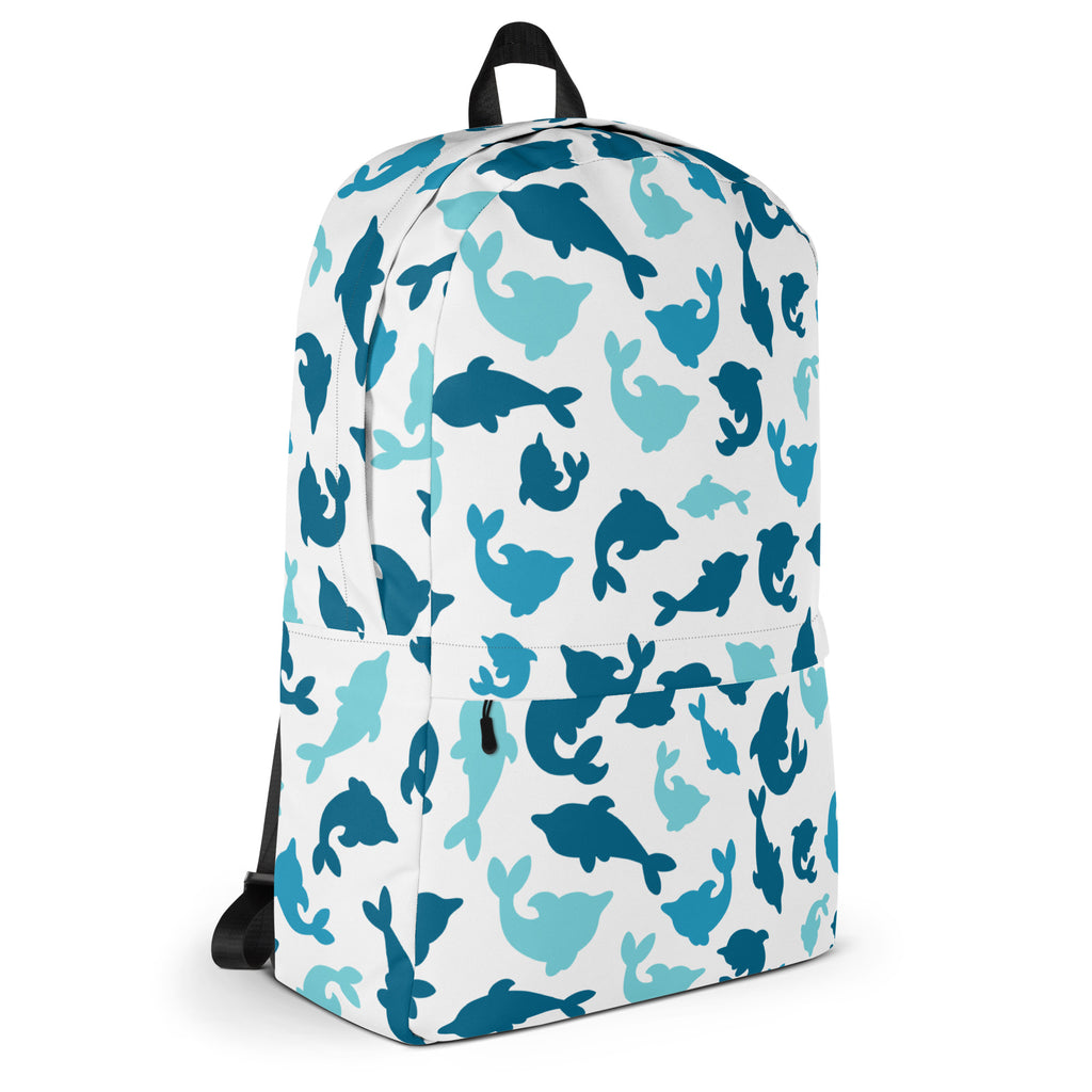 White kids dolphin print backpack featuring playful blue dolphin patterns ideal for school and casual use