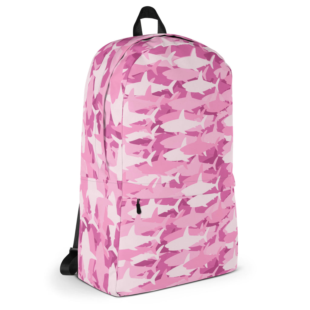 Girls pink sharks backpack with pink and white shark camouflage print, black straps, and top handle shown from the back side