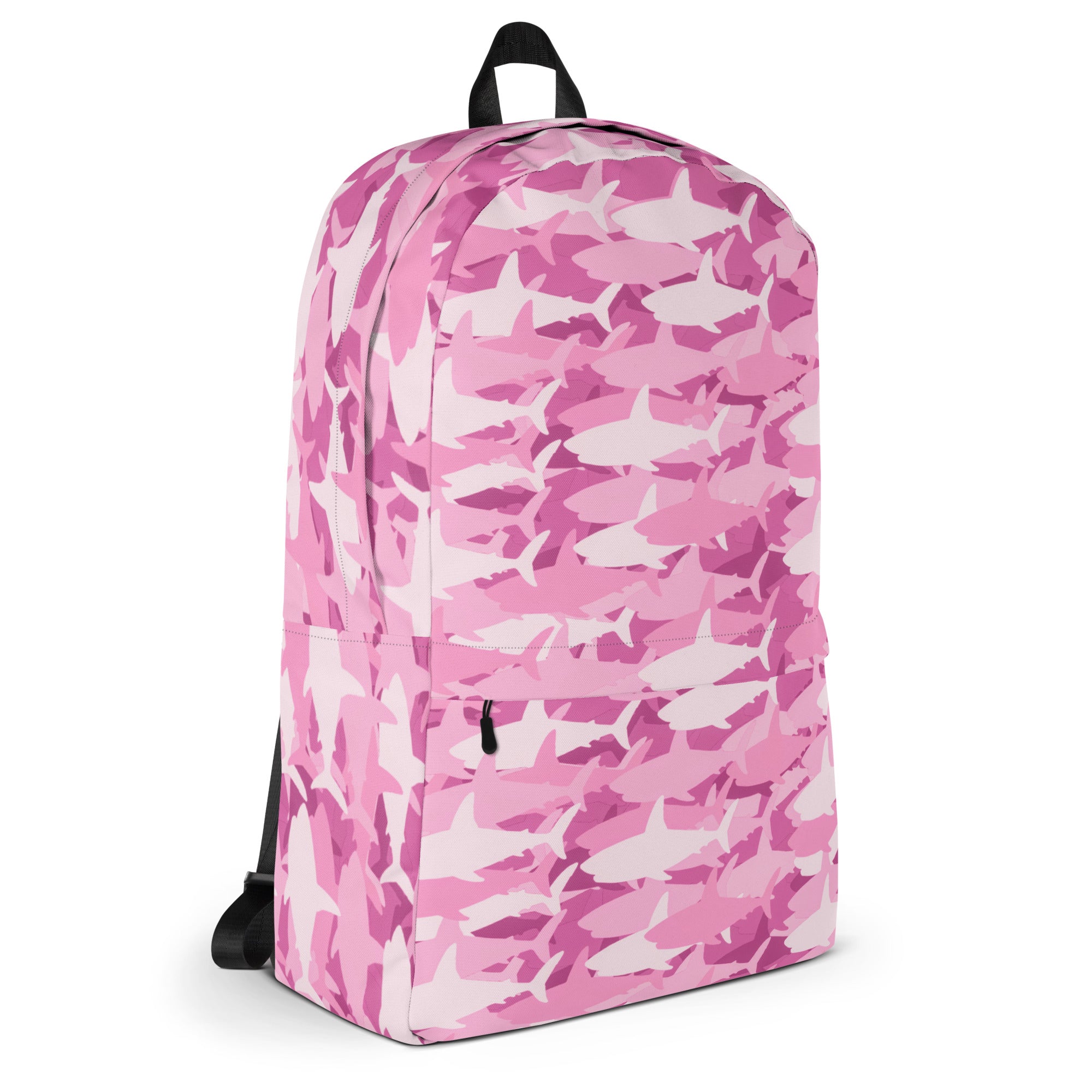 Girls pink sharks backpack with pink and white shark camouflage print, black straps, and top handle shown from the back side