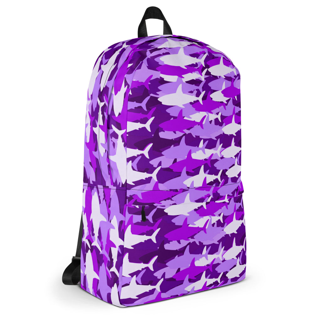 Girls purple sharks backpack showing purple and white shark camouflage pattern with black straps on the back side