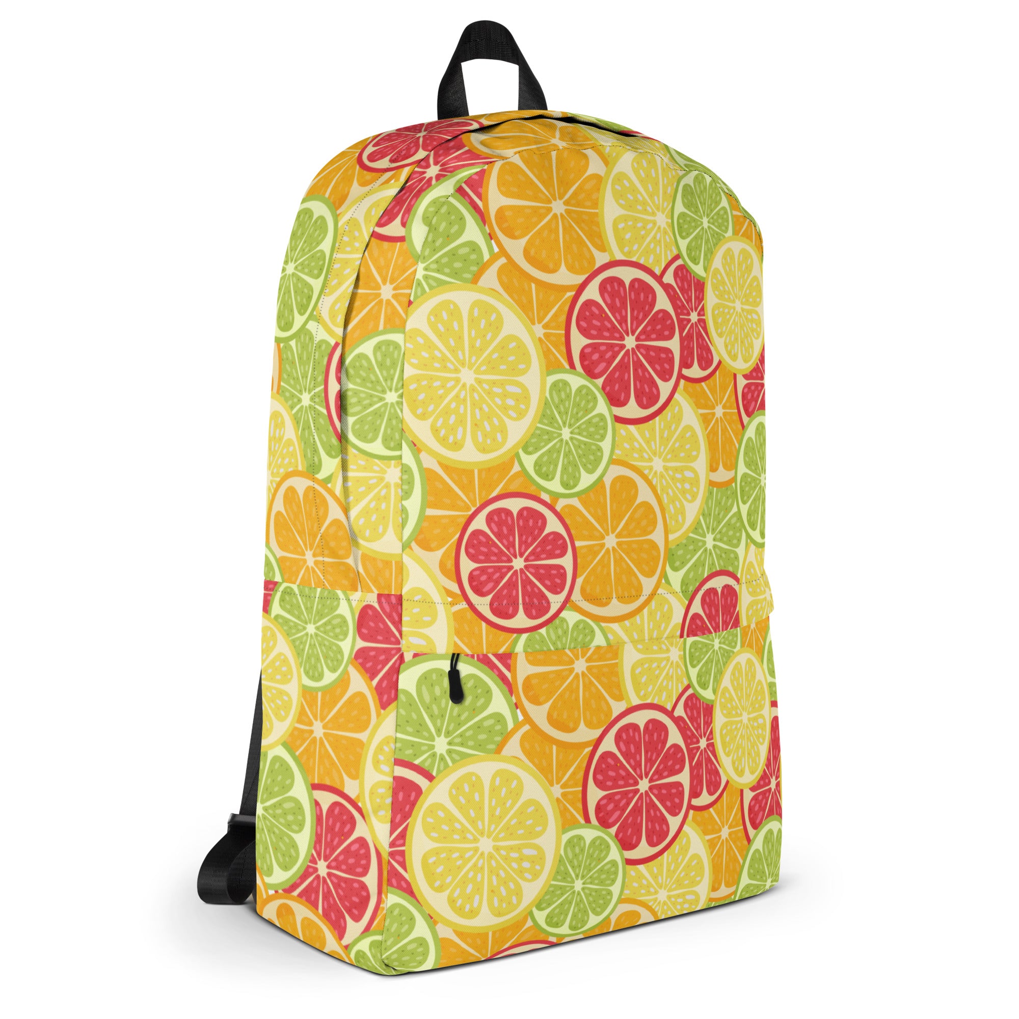 Kids citrus fruit backpack with vibrant lemon lime and grapefruit pattern on bright orange fabric for everyday use