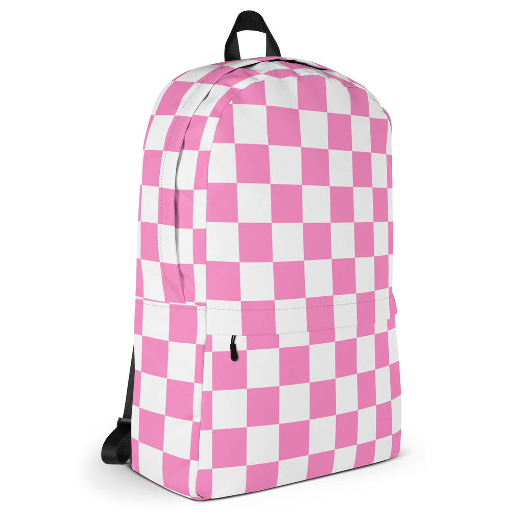 Girls pink checkerboard backpack with black straps and top handle featuring pink and white checkered pattern