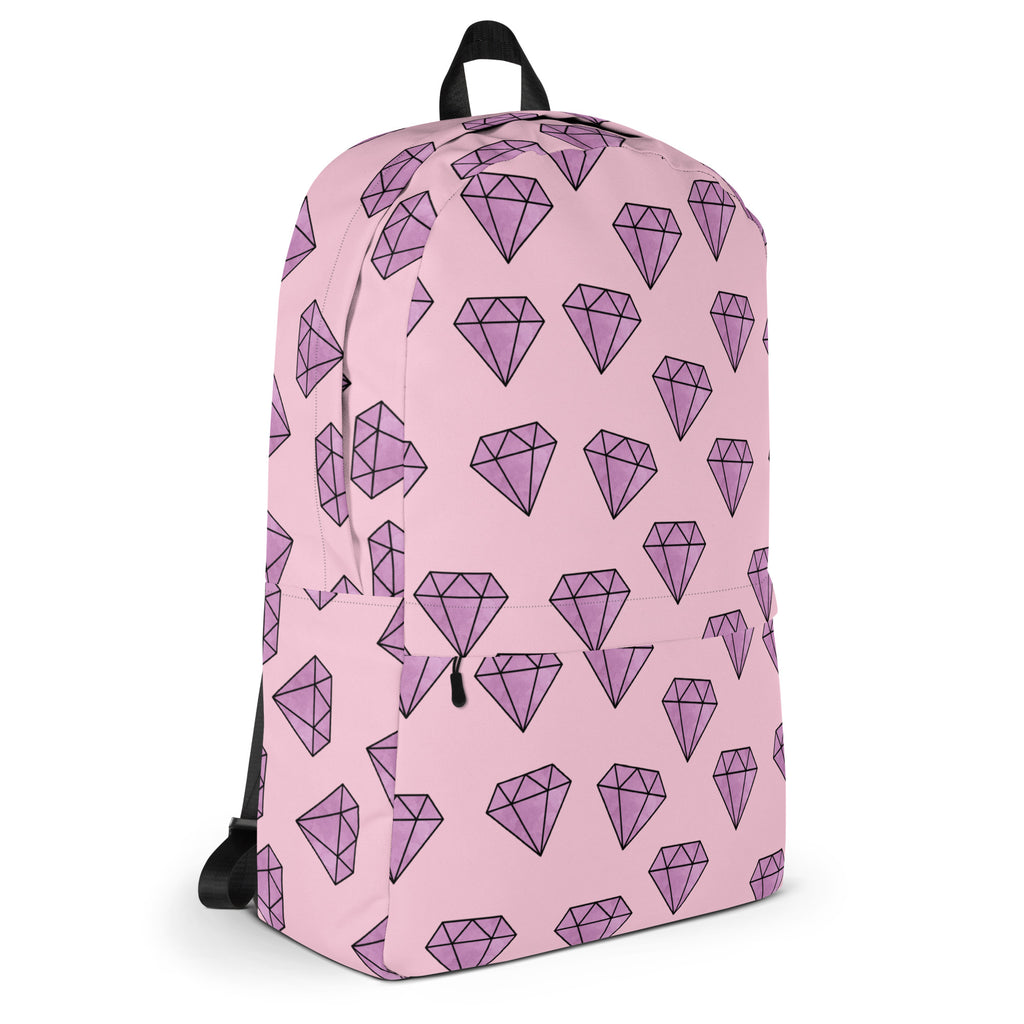 Pink girls backpack with purple diamond pattern outlined in black suitable for school or casual use