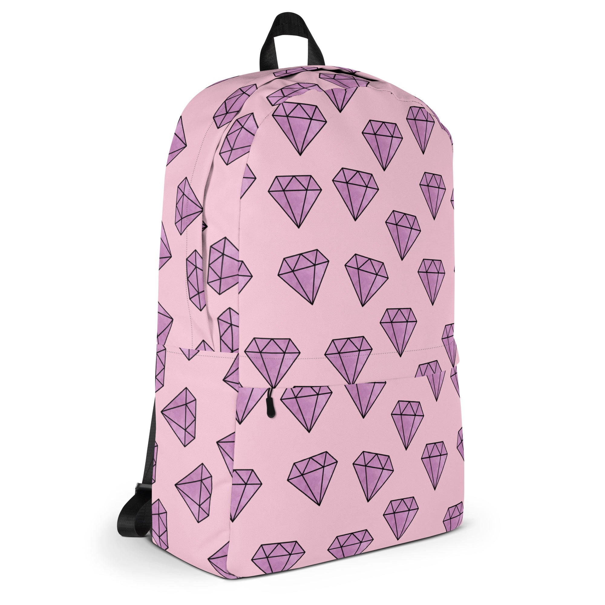 Pink girls backpack with purple diamond pattern outlined in black suitable for school or casual use