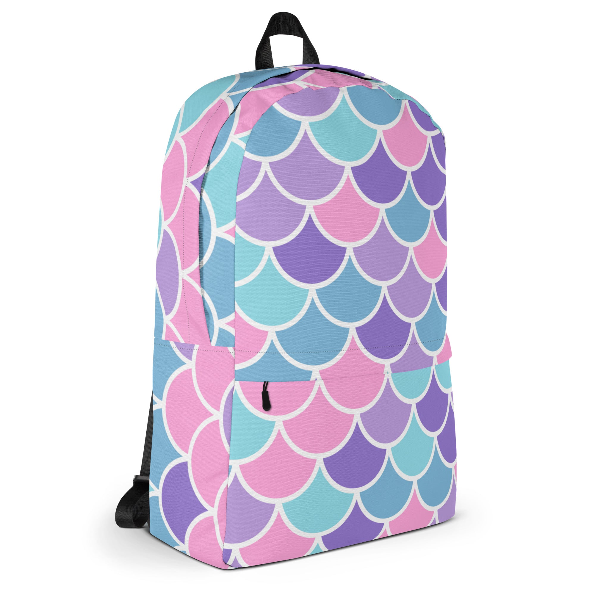 Girls mermaid scale backpack with pastel pink purple and teal mermaid scale pattern perfect for school or outings