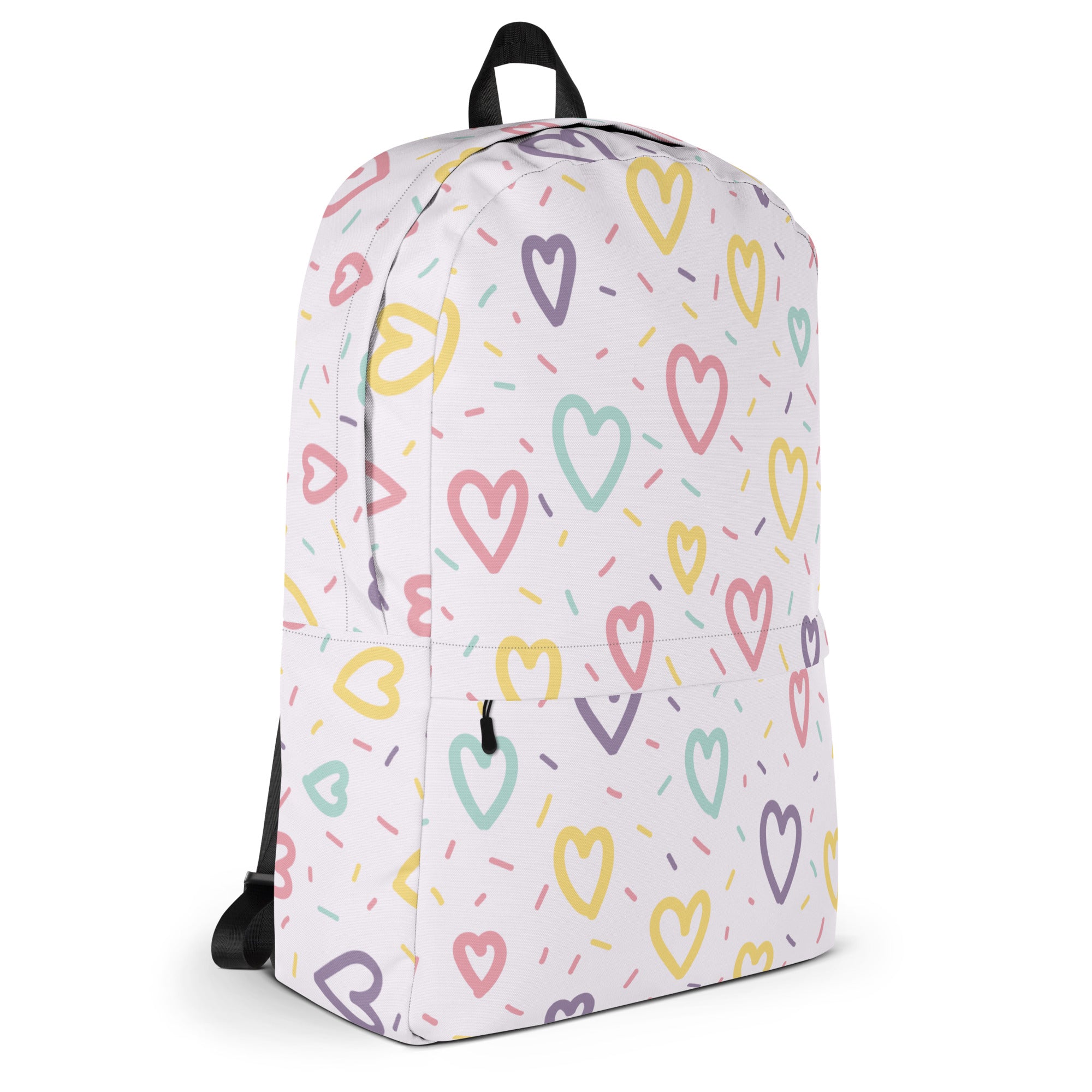 Girls hearts and sprinkles backpack in white with pastel heart and sprinkle pattern perfect for everyday use
