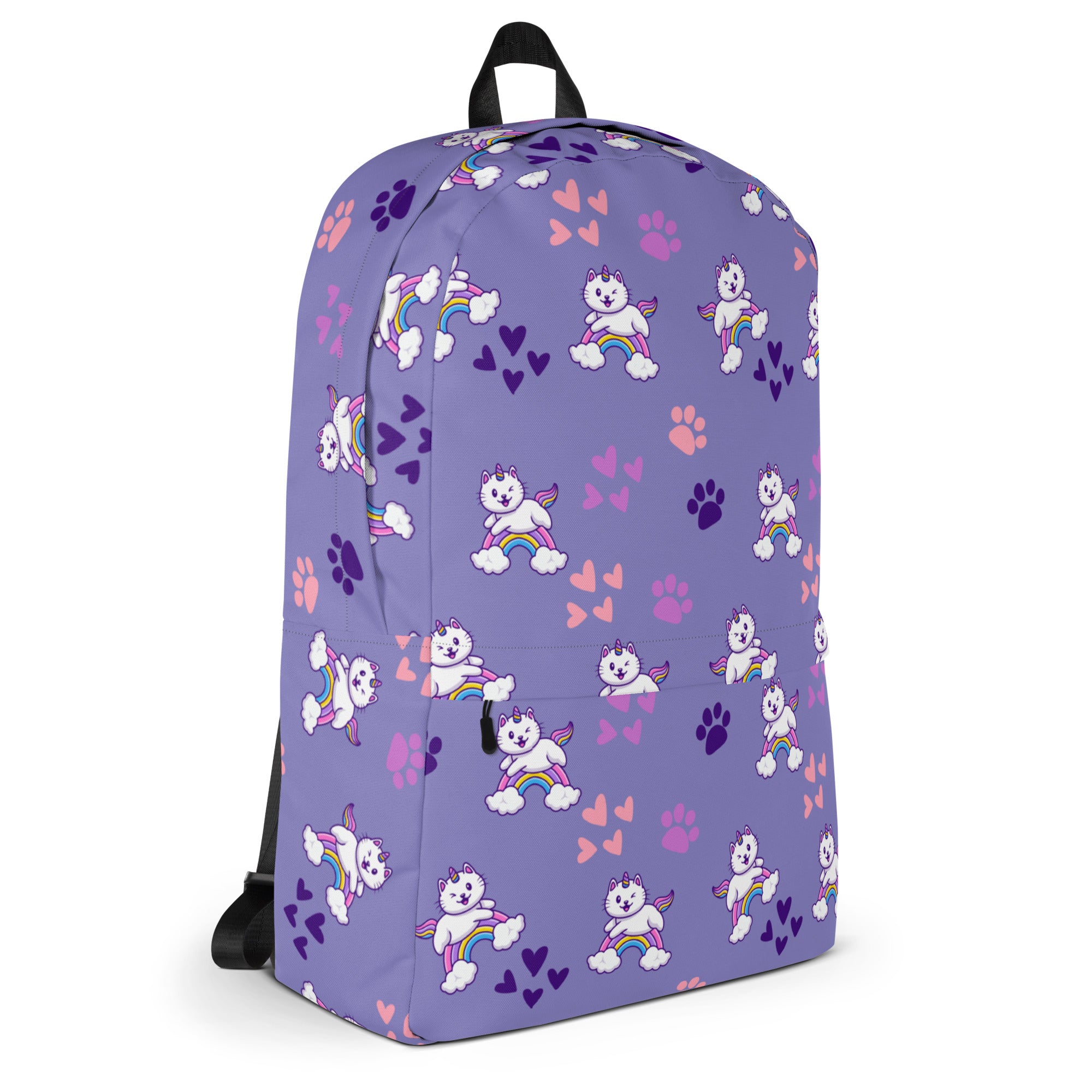 Girls purple rainbow caticorn backpack with playful white winged cat, rainbow, and pink purple paw print pattern