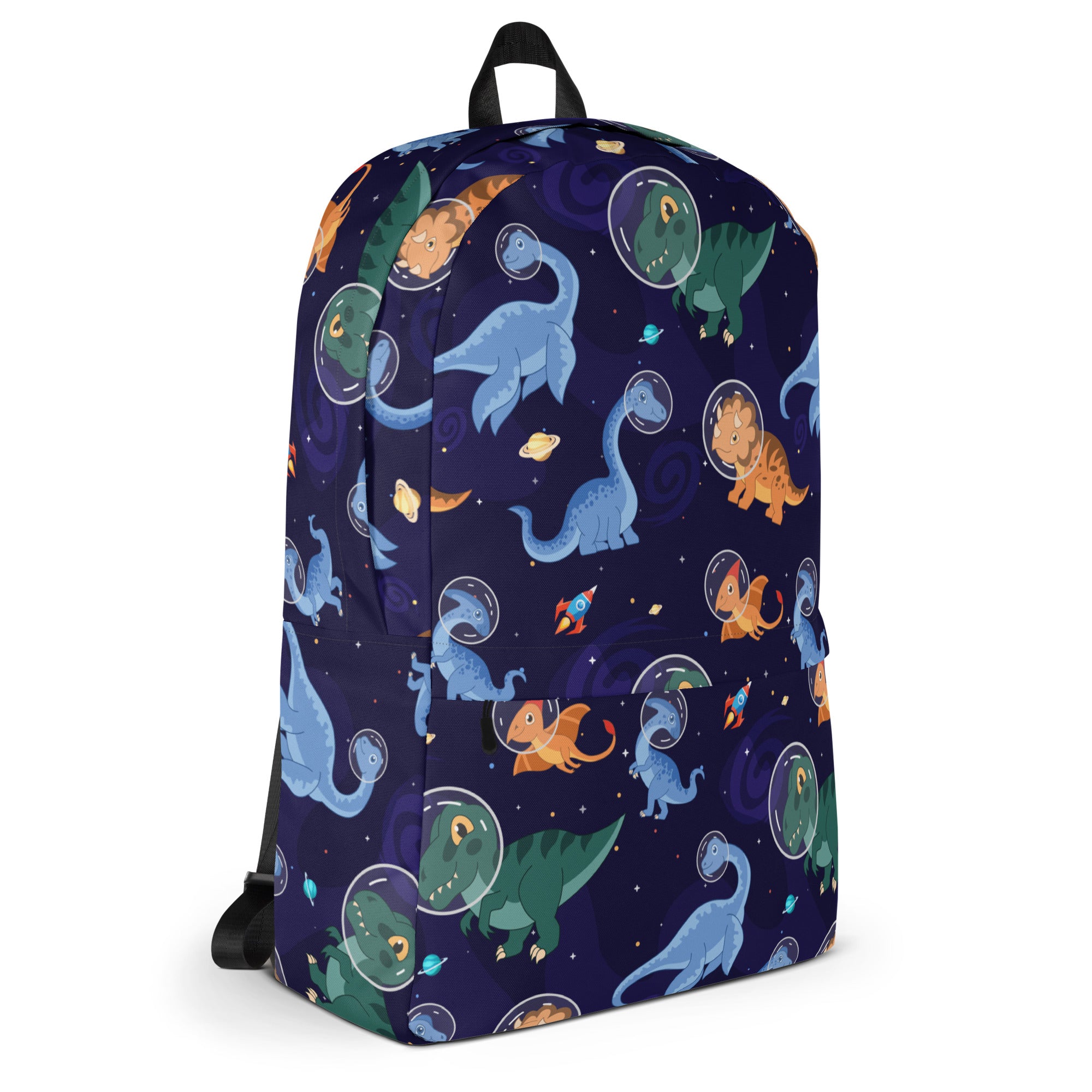 Kids space dinosaurs navy blue backpack with playful cartoon astronauts floating among planets and rockets