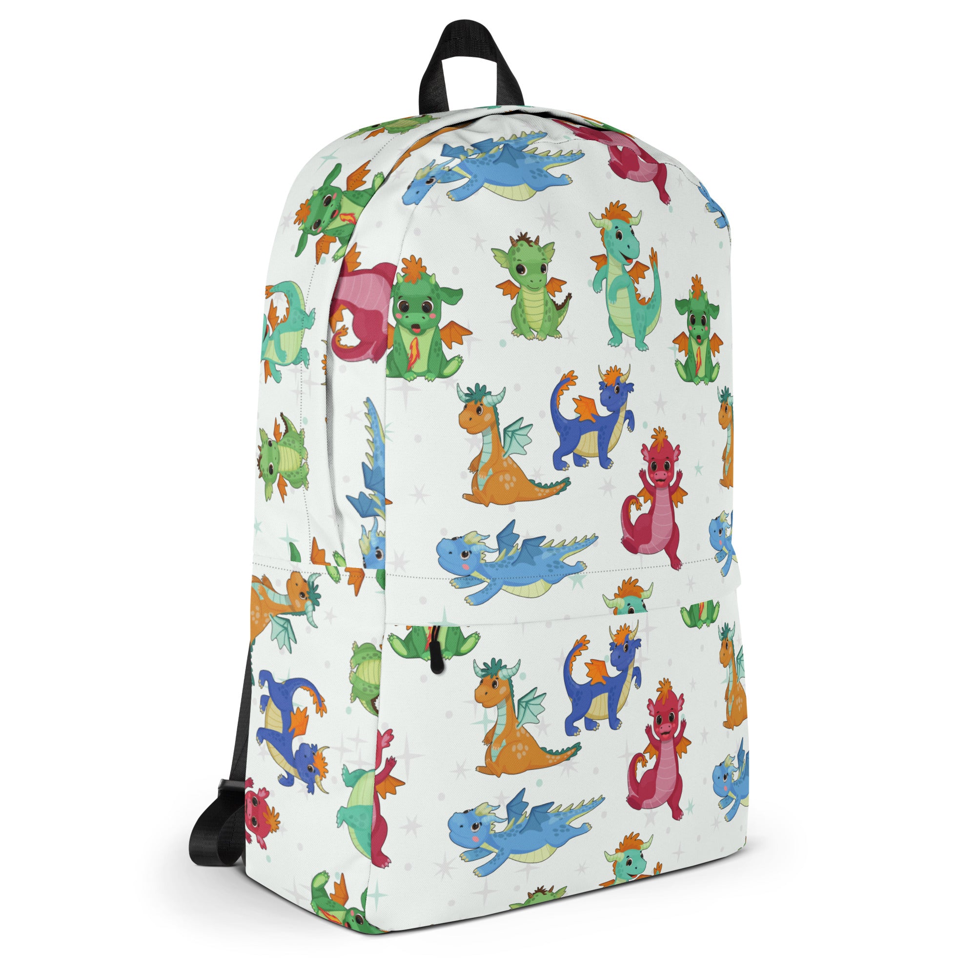 Kids cartoon dragons backpack is a white bag with colorful green blue orange and pink cartoon dragon patterns