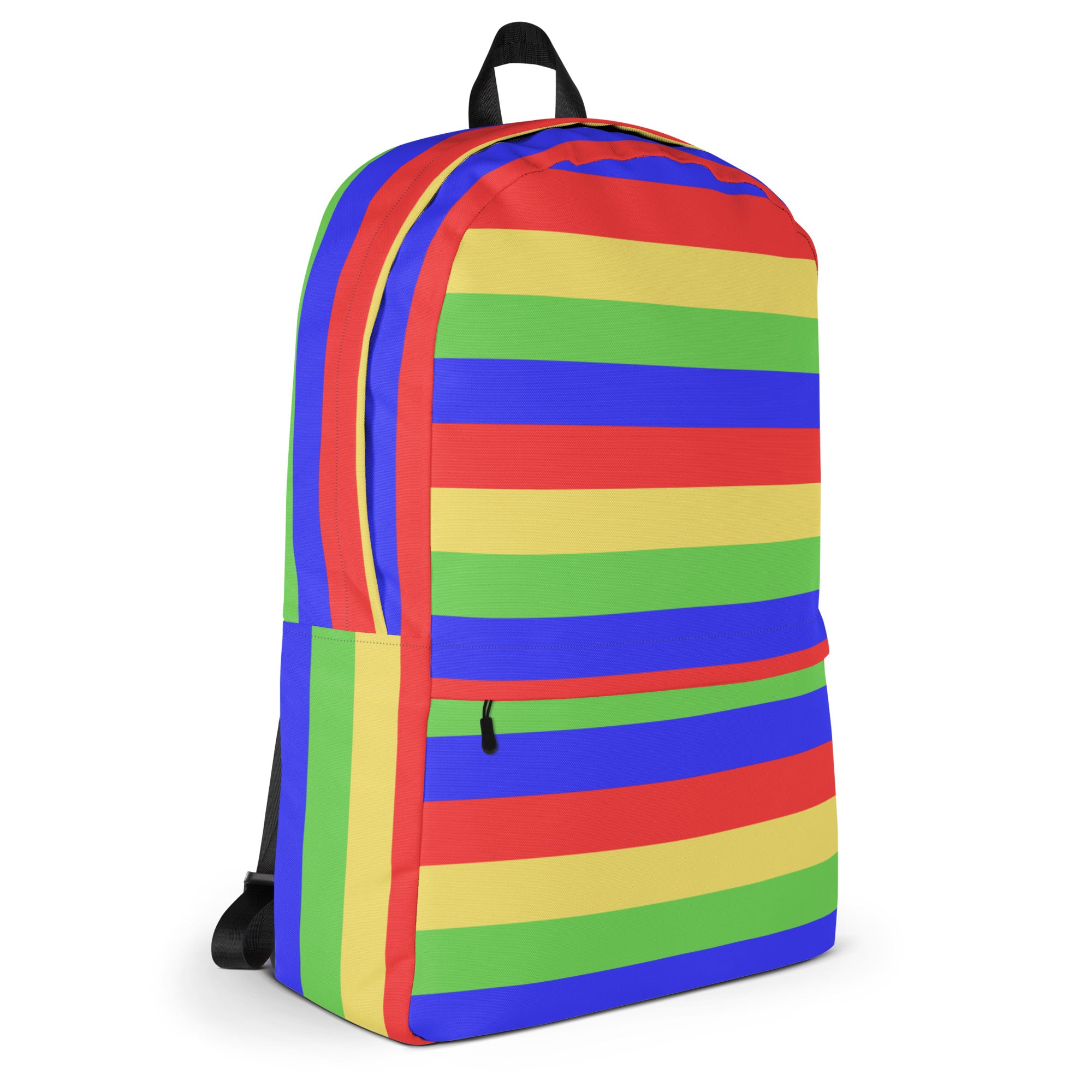 A kids colorful stripes backpack with vibrant rainbow horizontal bands in red orange yellow green blue and purple