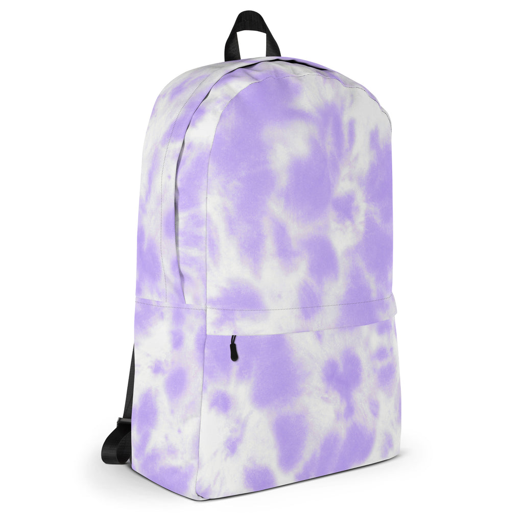 Girls lavender purple tie dye backpack with lavender and white pattern, black straps, and top handle for easy carrying