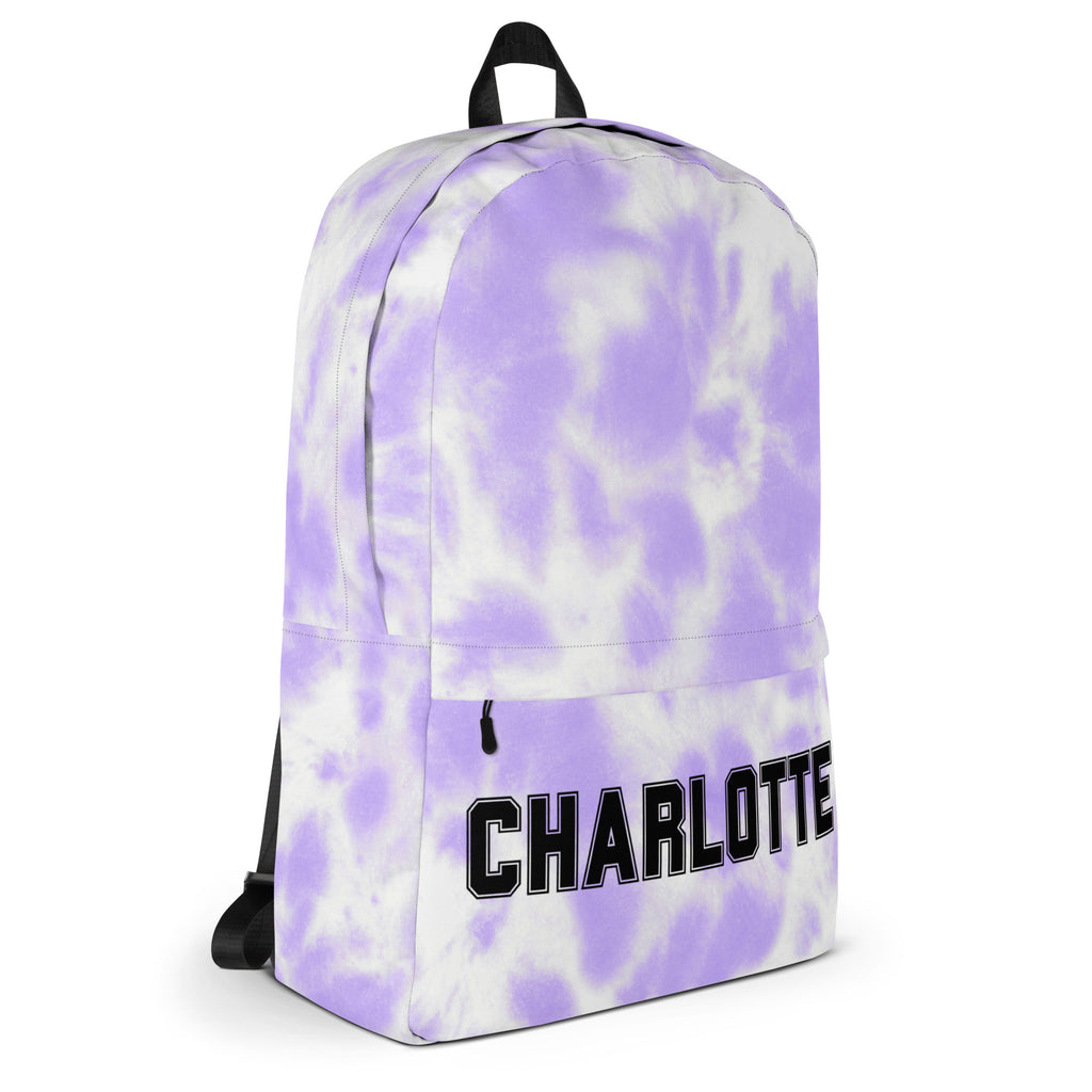 Girl’s custom name purple tie dye backpack with lavender and white pattern and black charlotte lettering on front