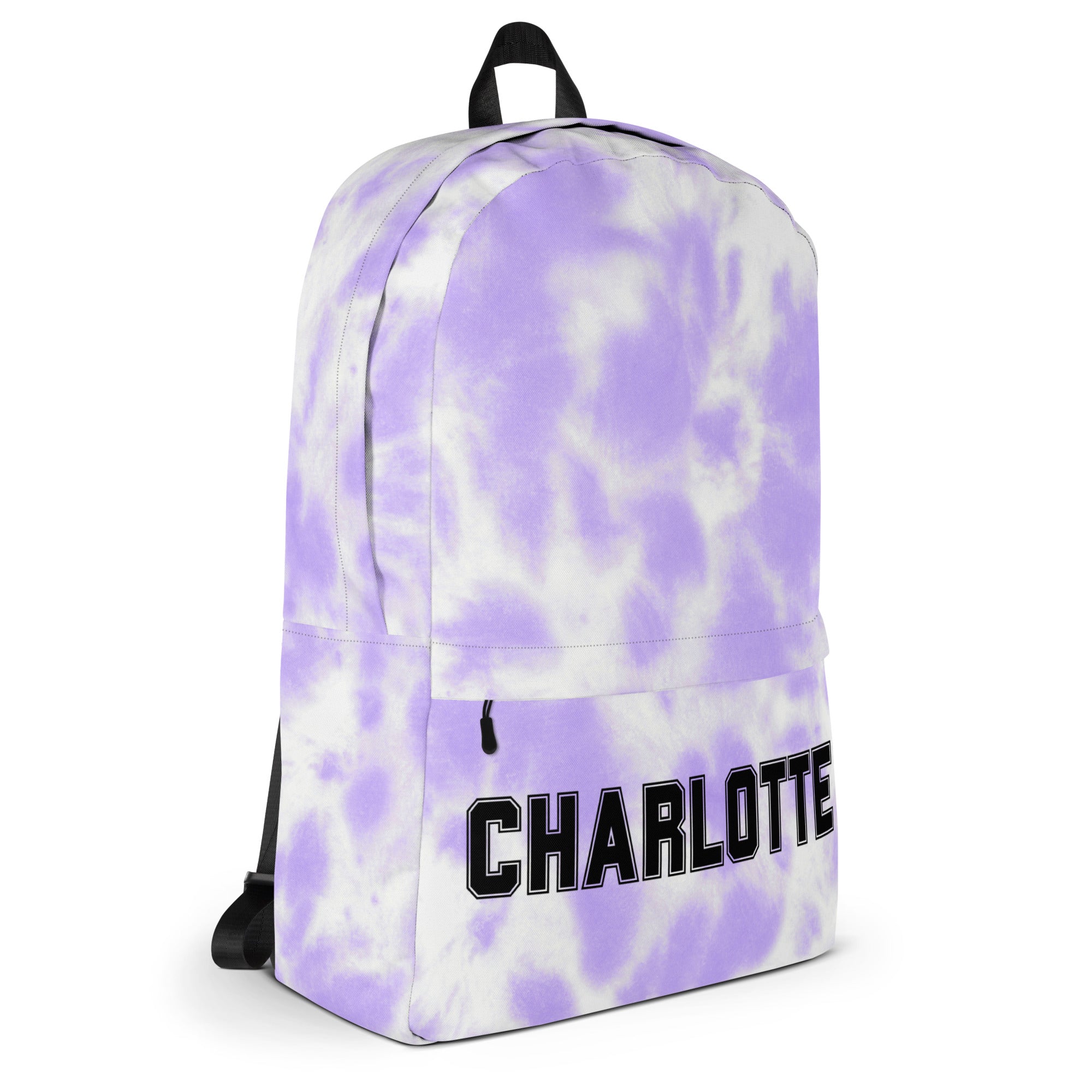Girl’s custom name purple tie dye backpack with lavender and white pattern and black charlotte lettering on front