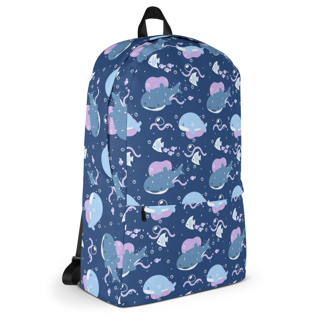 Girls whale shark backpack navy blue with playful underwater cartoon whales fish and jellyfish design