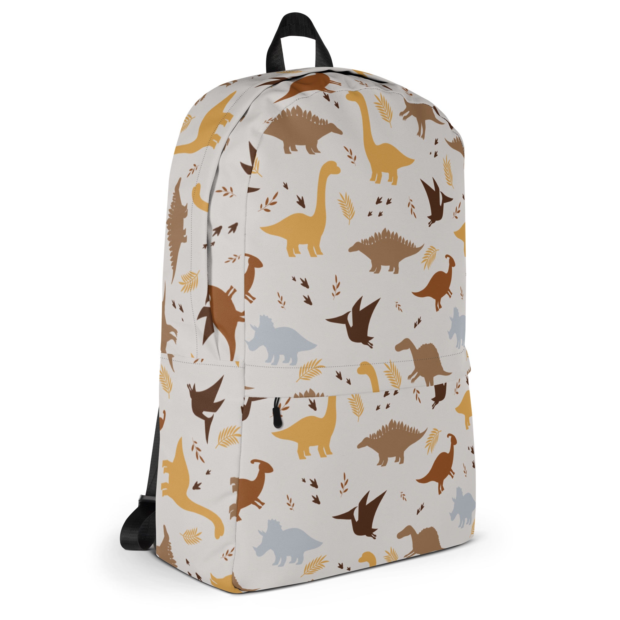 White kids dinosaur print backpack with brown yellow and gray dinosaur silhouettes and leafy accents
