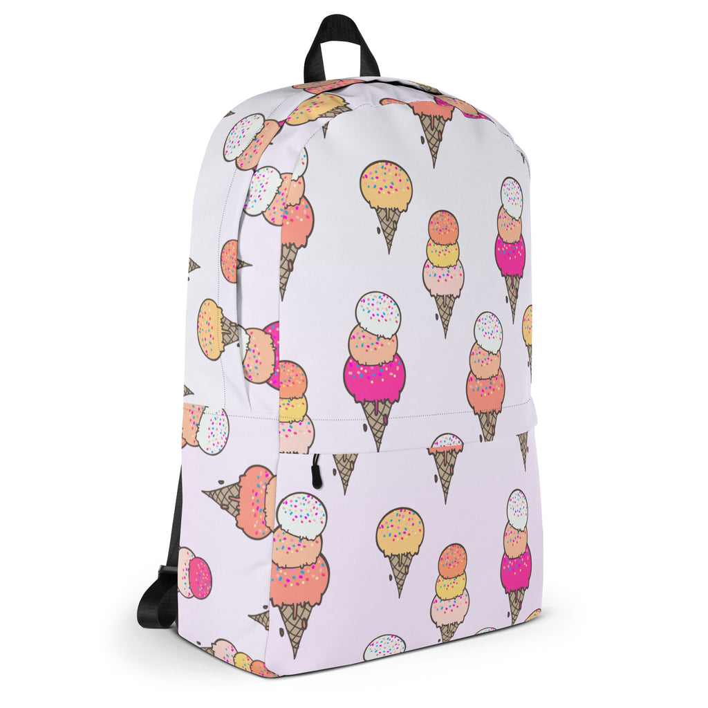 White girls ice cream cone backpack with colorful pink orange and yellow ice cream cone pattern and sprinkles