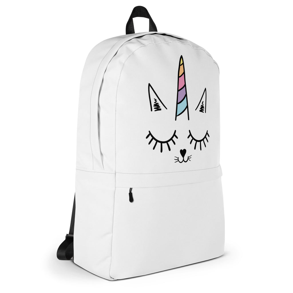 White girls caticorn face backpack with cute unicorn design featuring rainbow horn and closed eyes