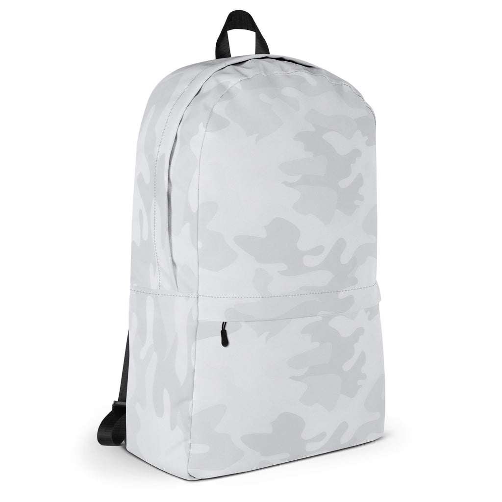 Kids white camouflage backpack with sleek gray pattern black zippers and straps for everyday use