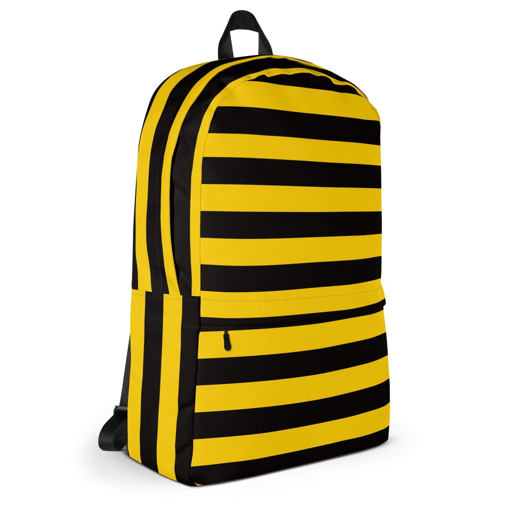 A vibrant yellow and black striped kids bee stripes backpack with a bold horizontal pattern for school use