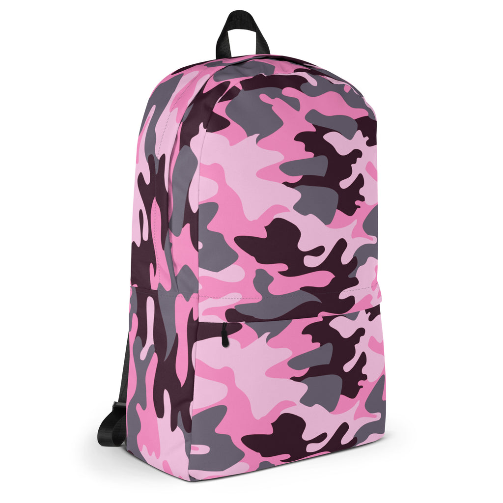 Girls pink camouflage backpack with pink and gray pattern black straps and top handle for school or casual use