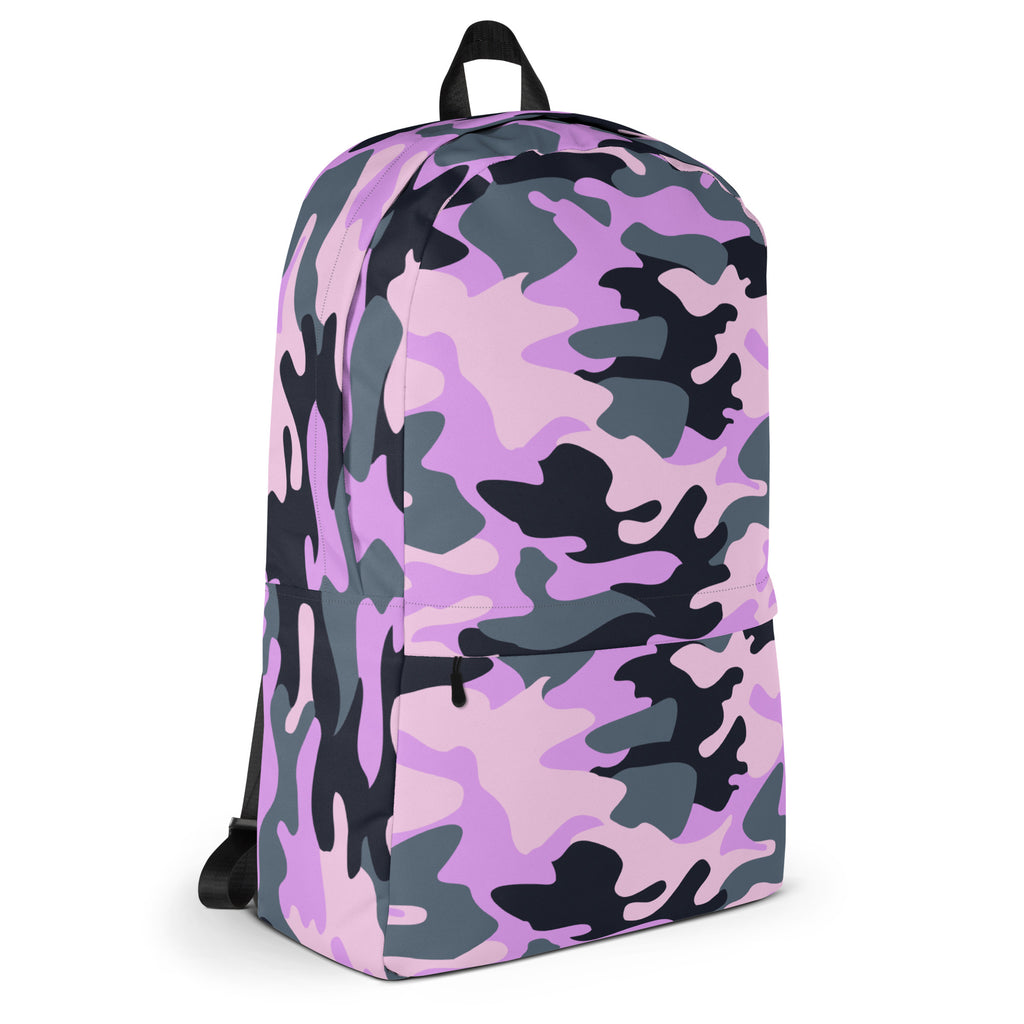 Girls purple camouflage backpack featuring a pink gray and black camouflage pattern with a sleek design