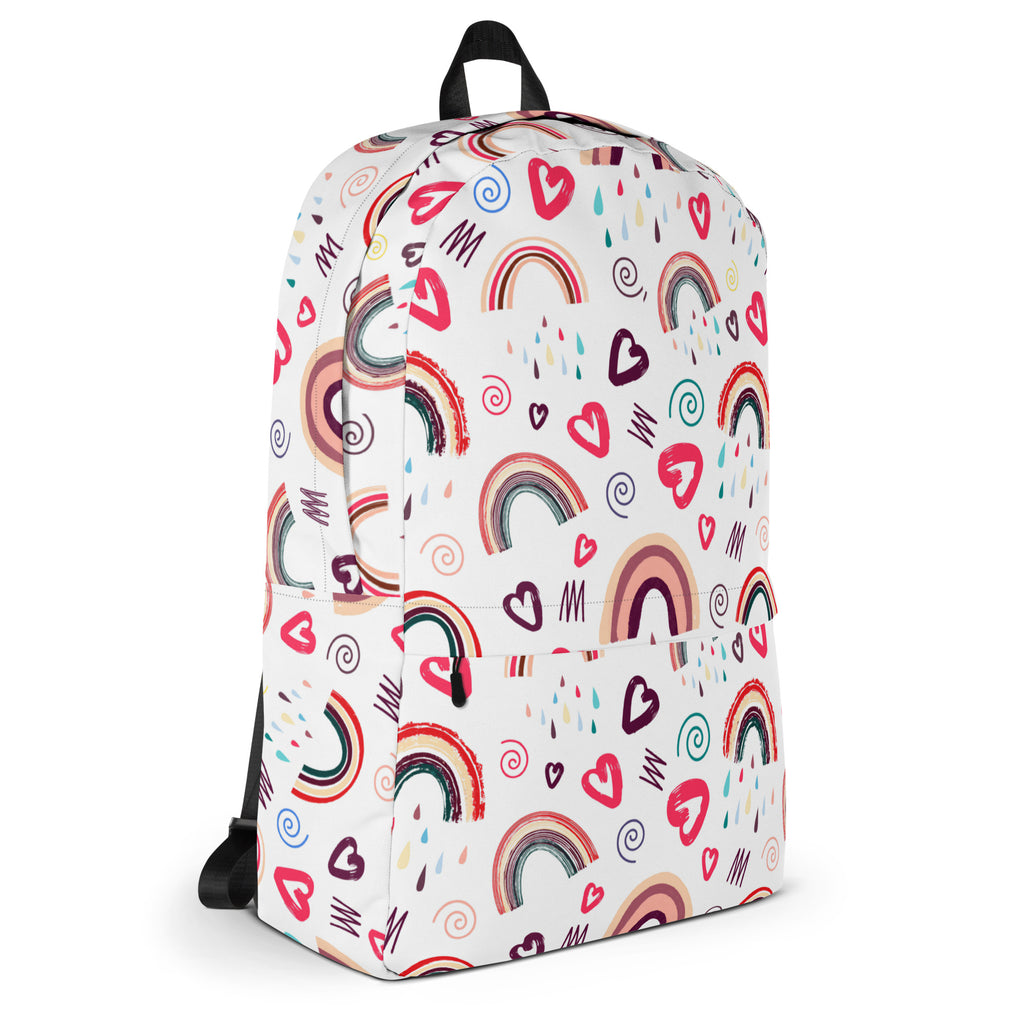 Girls rainbow hearts doodle white backpack with colorful rainbows hearts and swirls pattern for playful style