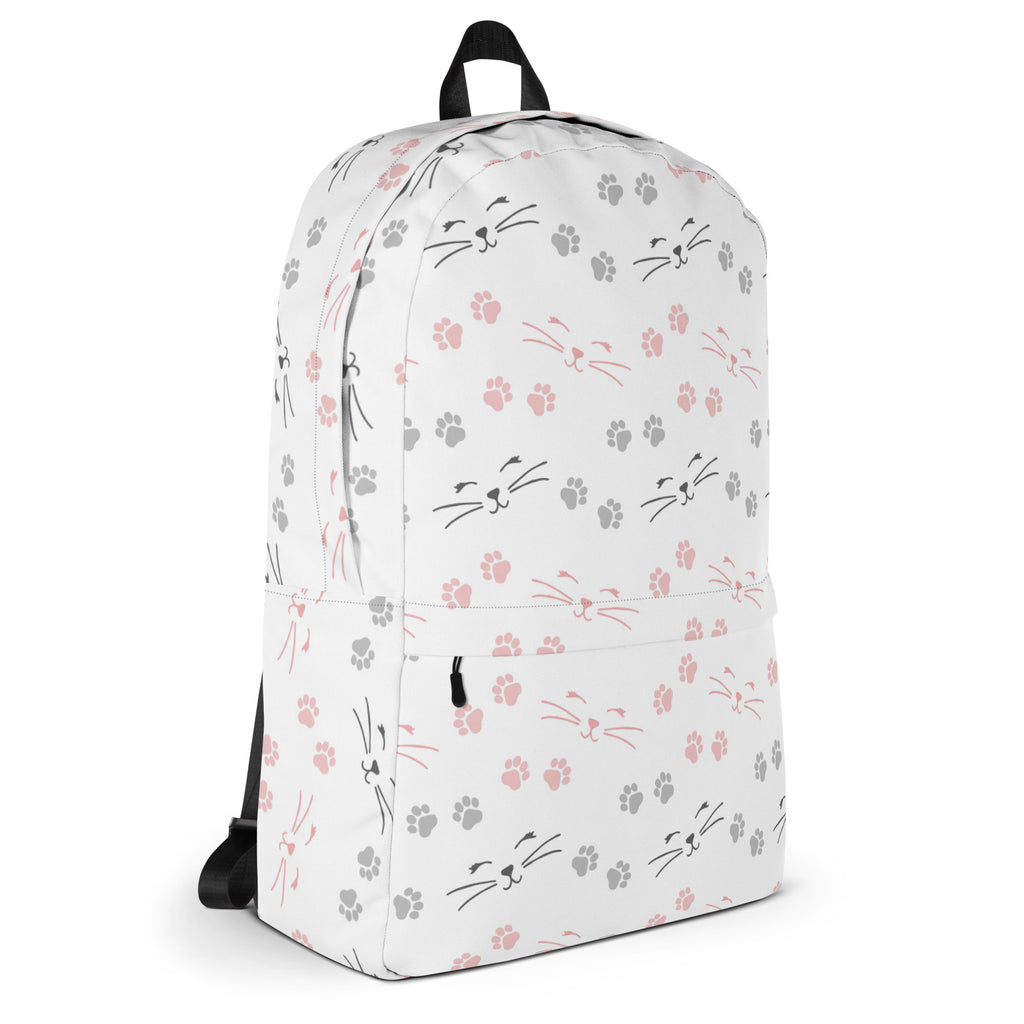 White backpack with playful pink and gray cat faces and paw prints for girls paw print cat backpack