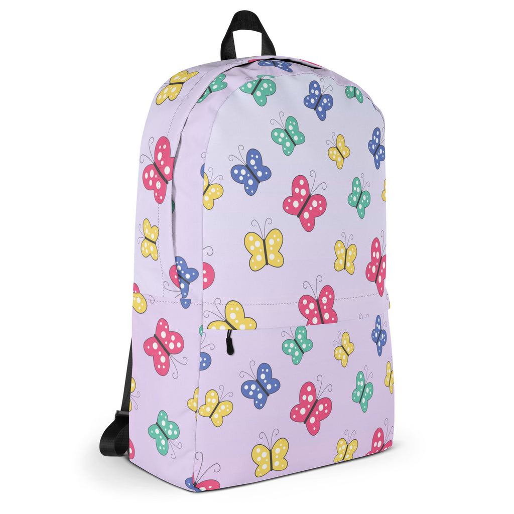 Girls colorful butterfly backpack in lavender with playful pink yellow blue and green butterfly pattern for school use