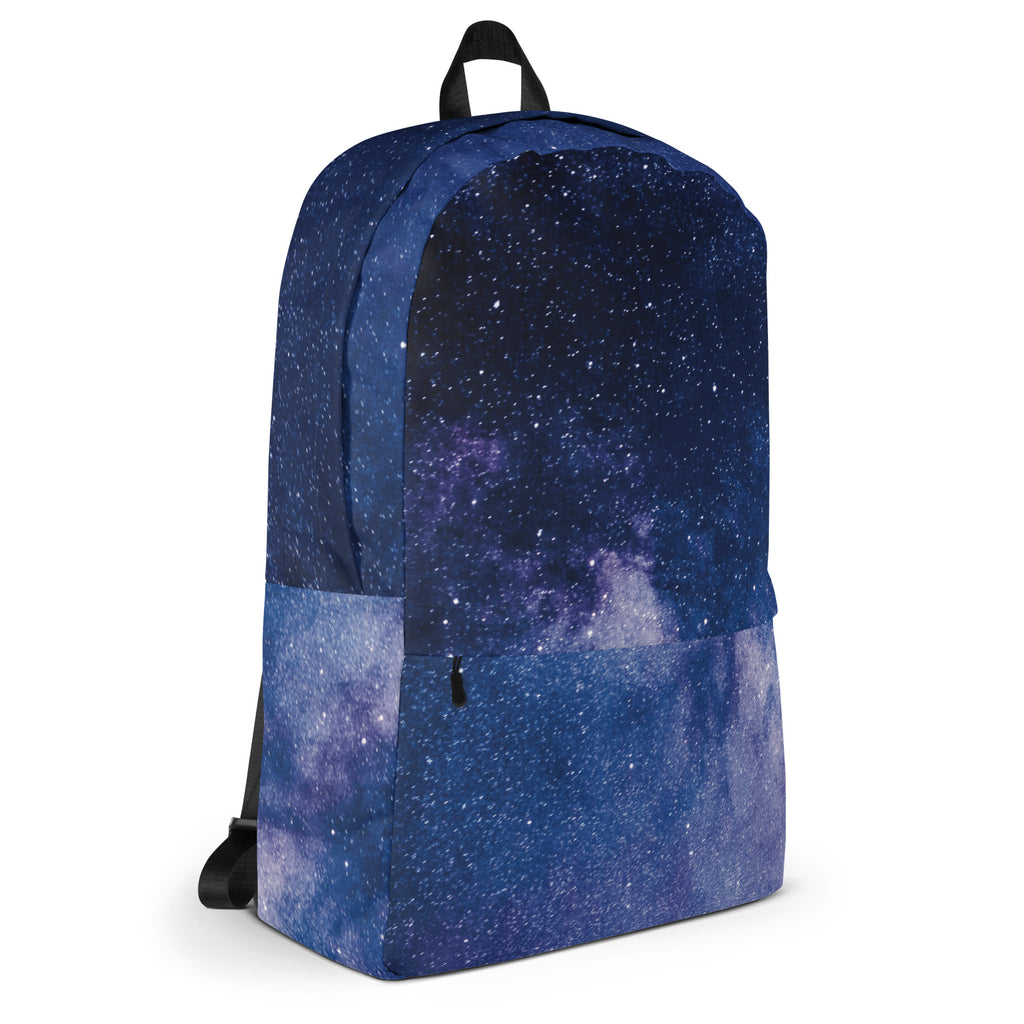 A navy blue kids realistic galaxy backpack with cosmic print featuring twinkling stars and purple white nebulae