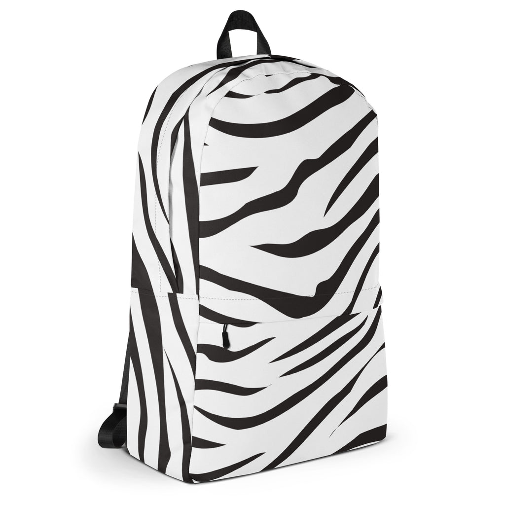 Kids zebra print backpack featuring a sleek modern black and white zebra-striped design for everyday use