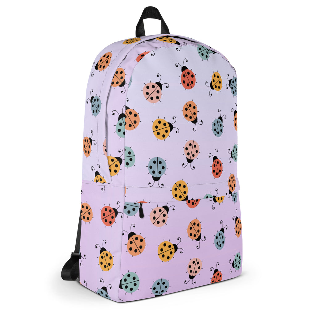 Girls colorful ladybug backpack in lavender with playful orange yellow and teal ladybug pattern for everyday use