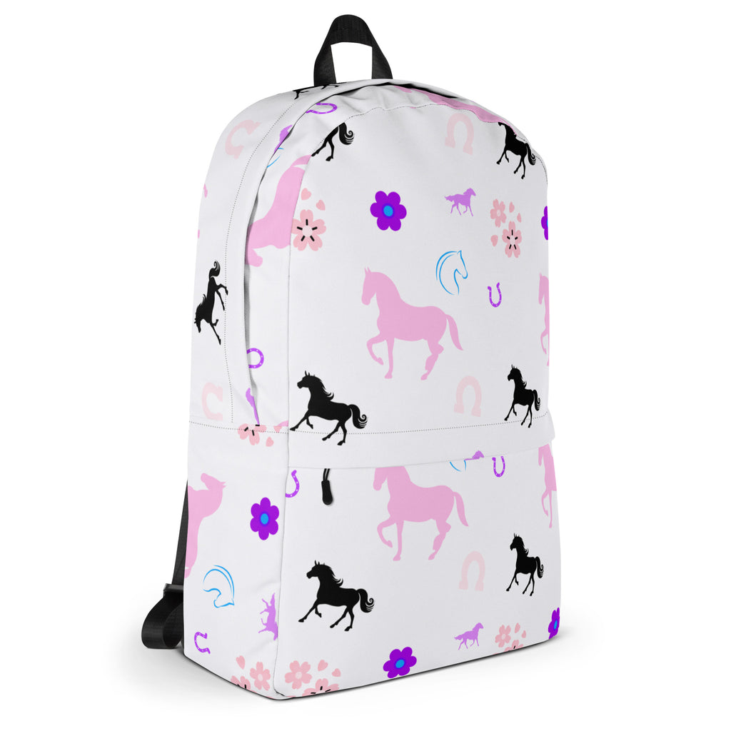Girls horse print backpack in white with pink and black horse silhouettes purple flowers and horseshoes pattern