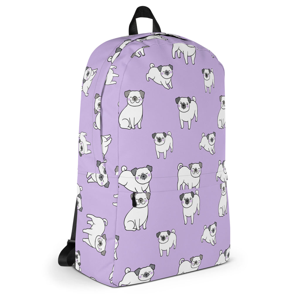 Girls purple pug backpack featuring a lavender color and cartoon pug pattern for casual use