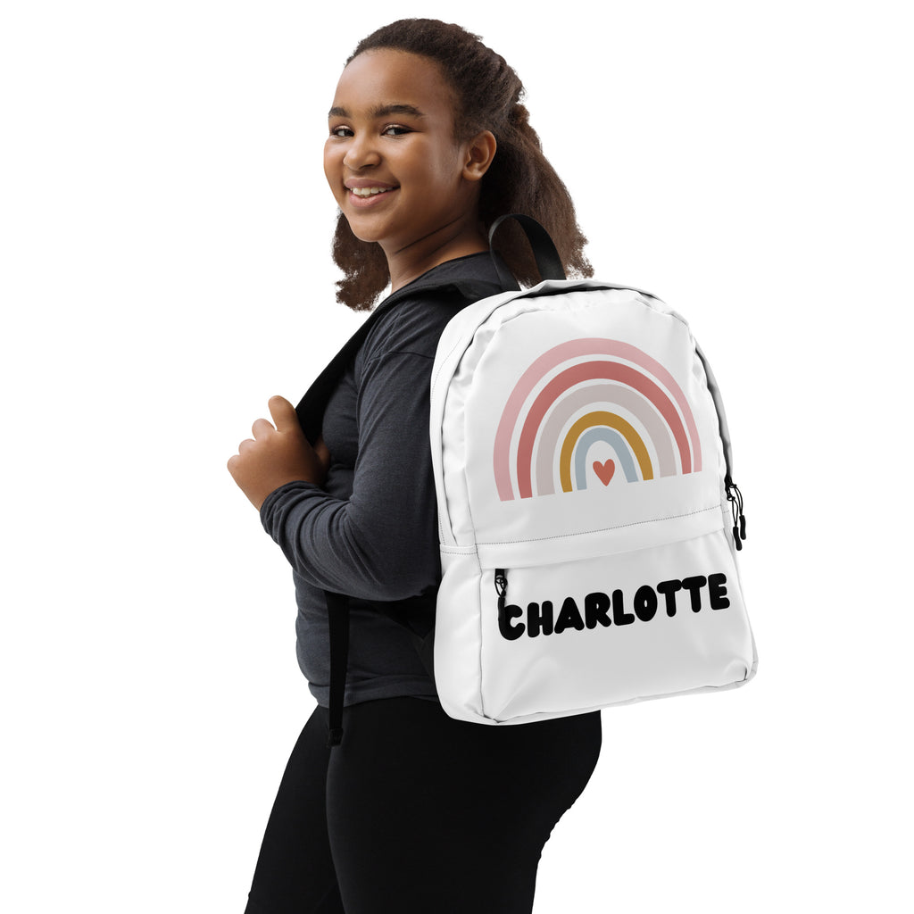 Girls Custom Name Boho Rainbow Backpack - Water-Resistant School Bag With Adjustable Padded Straps & Breathable Mesh Back