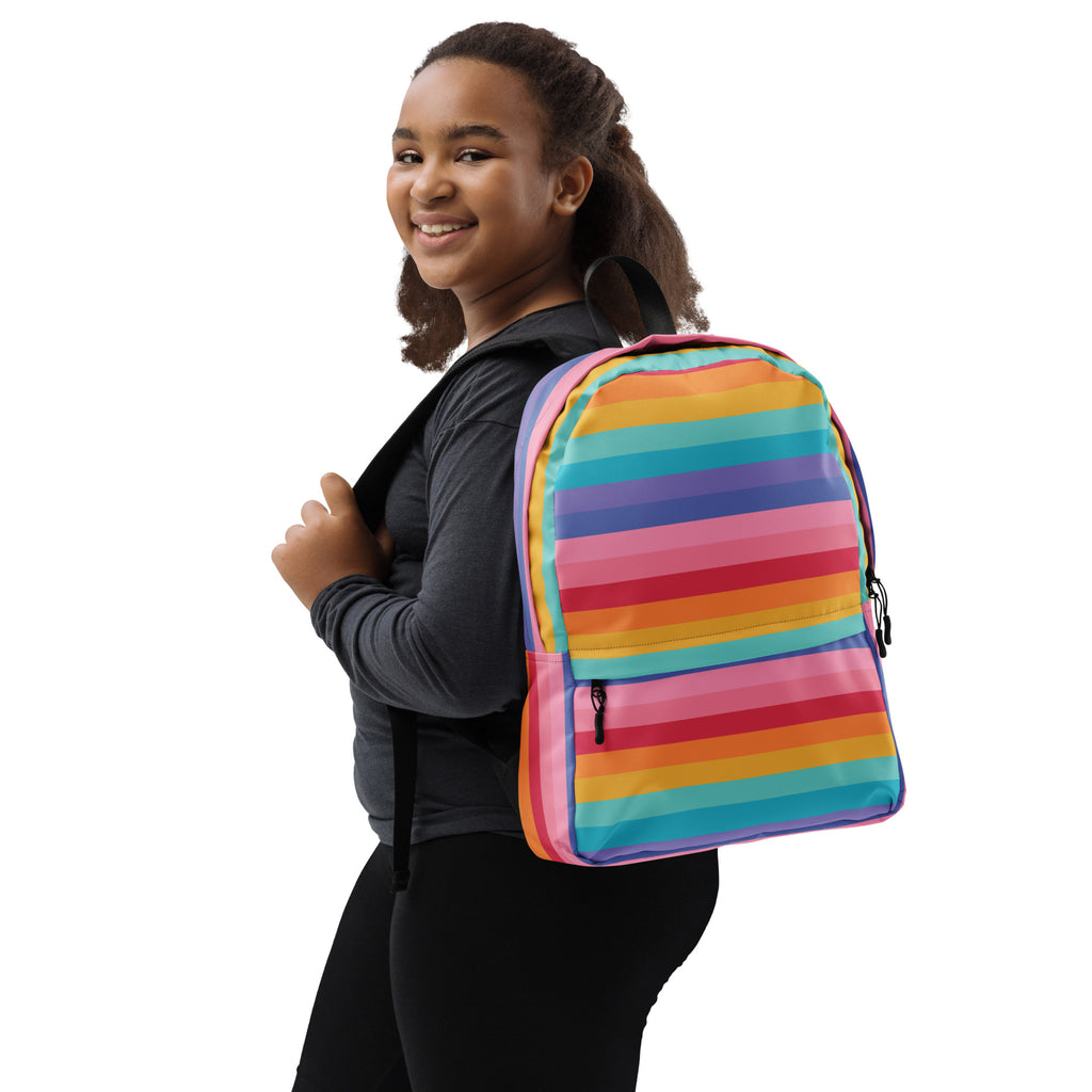 Girls Rainbow Stripe Backpack - Water-Resistant School Bag With Adjustable Padded Straps & Breathable Mesh Back