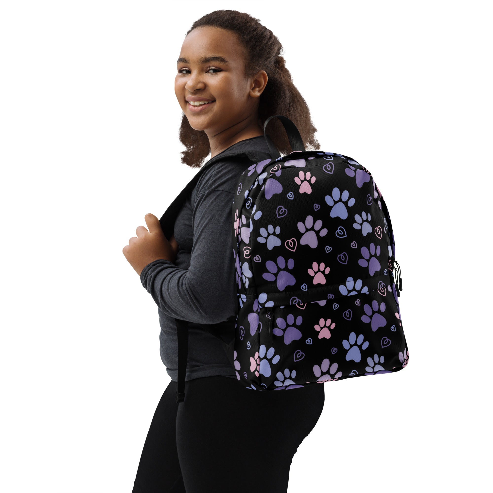 Girls Black Paw Print Backpack - Water-Resistant School Bag With Adjustable Padded Straps & Breathable Mesh Back