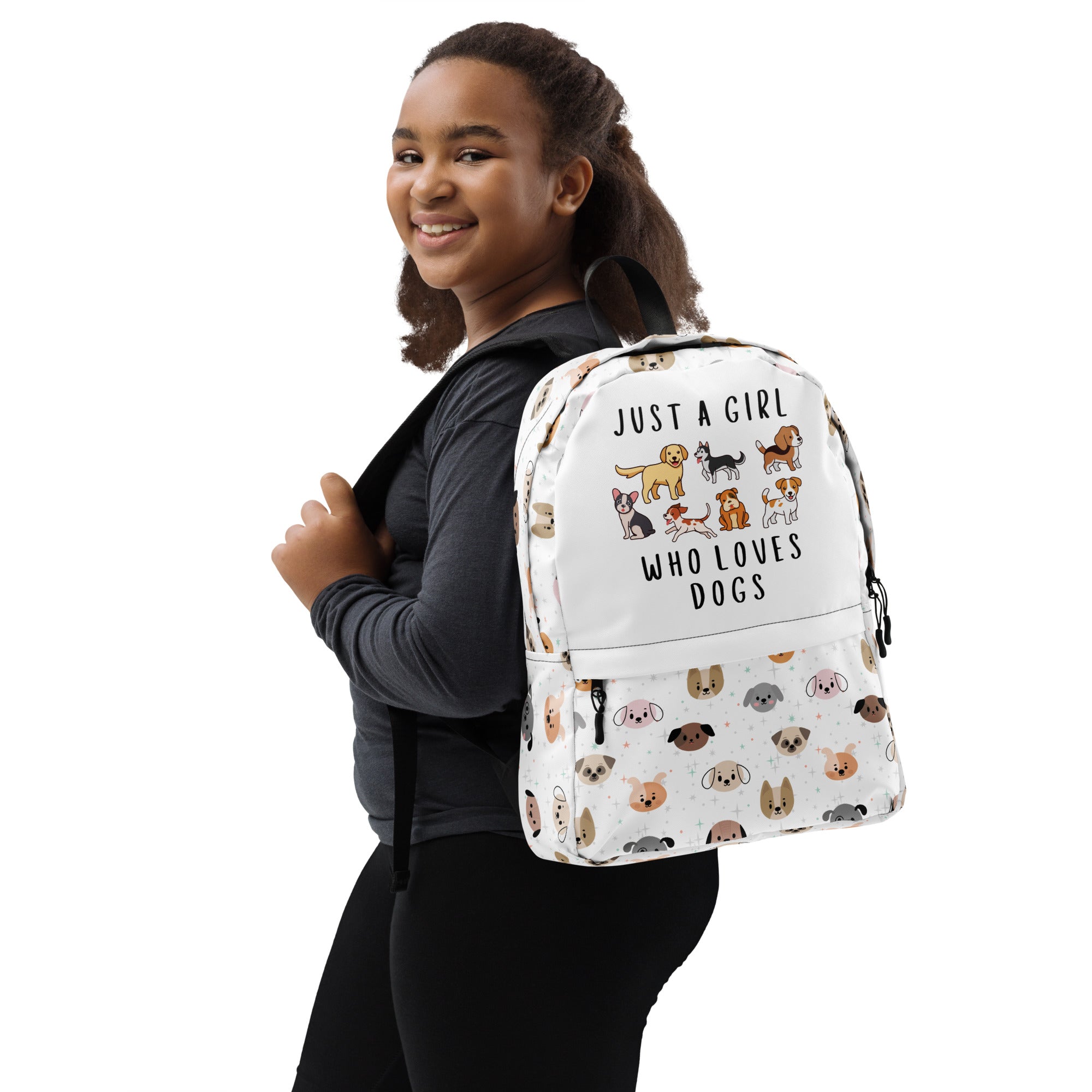 Girls 'Just A Girl Who Loves Dogs' Dog Face Backpack - Water-Resistant School Bag With Adjustable Padded Straps & Breathable Mesh Back