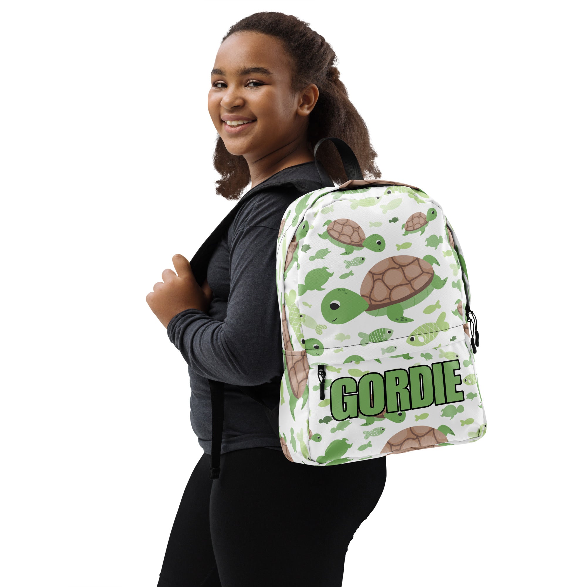 Kids Custom Name Green Sea Turtle Backpack - Water-Resistant School Bag With Adjustable Padded Straps & Breathable Mesh Back
