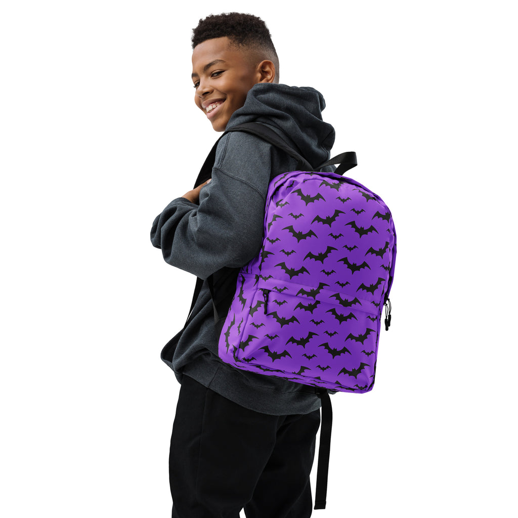 Kids Purple Bats Backpack - Water-Resistant School Bag With Adjustable Padded Straps & Breathable Mesh Back