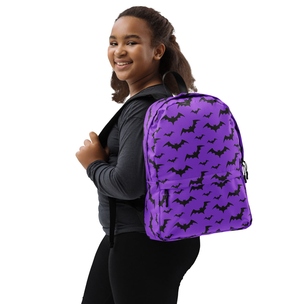 Kids Purple Bats Backpack - Water-Resistant School Bag With Adjustable Padded Straps & Breathable Mesh Back