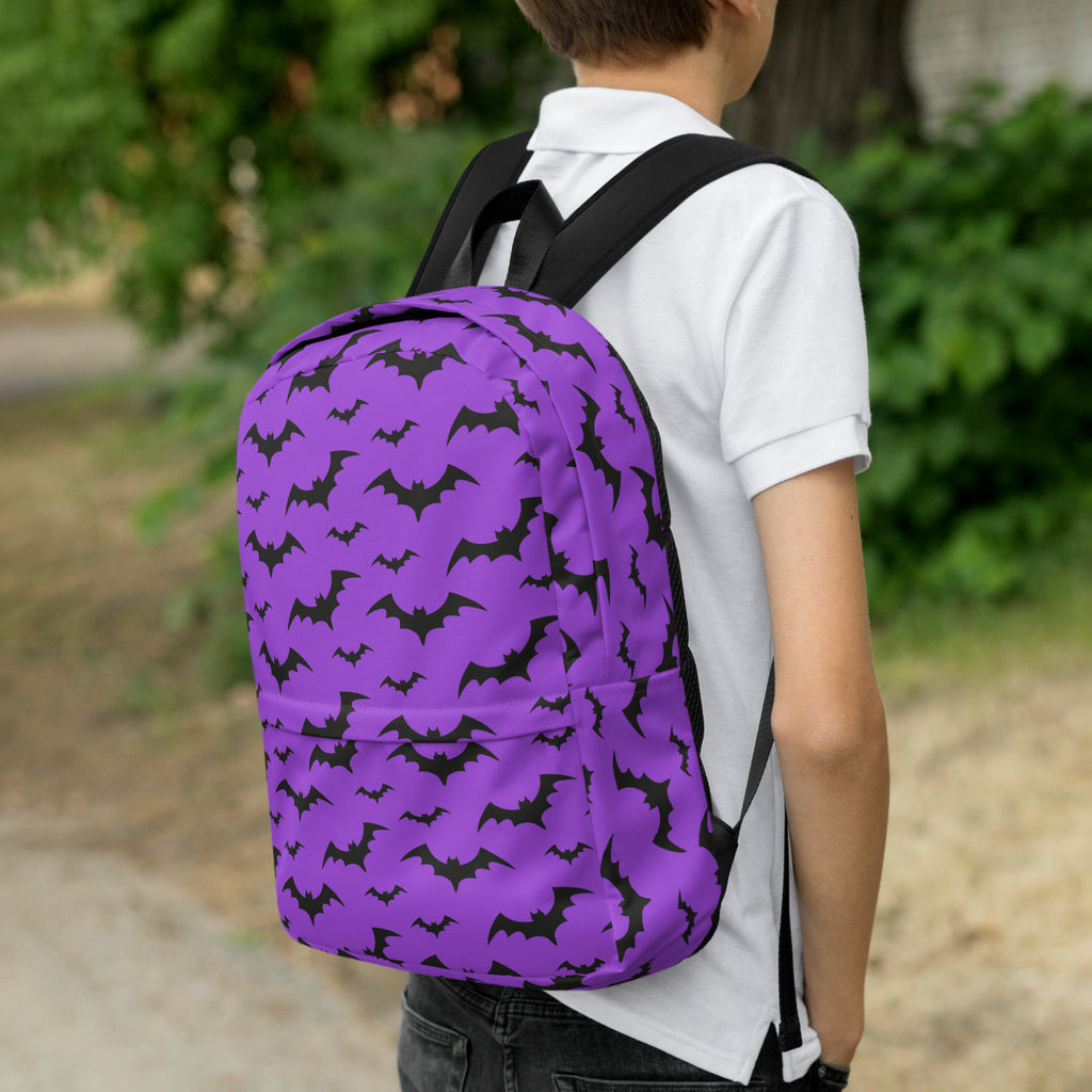 Kids Purple Bats Backpack - Water-Resistant School Bag With Adjustable Padded Straps & Breathable Mesh Back