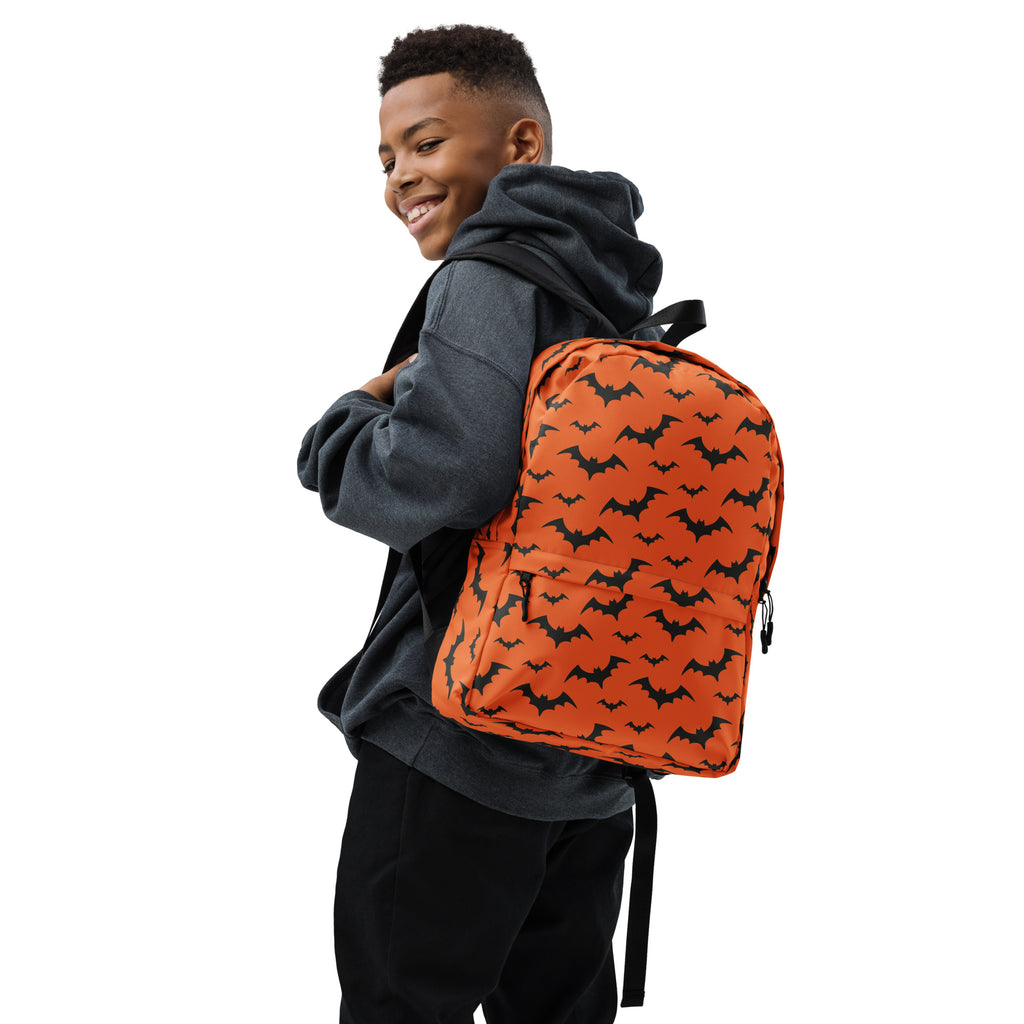 Kids Orange Bats Backpack - Water-Resistant School Bag With Adjustable Padded Straps & Breathable Mesh Back