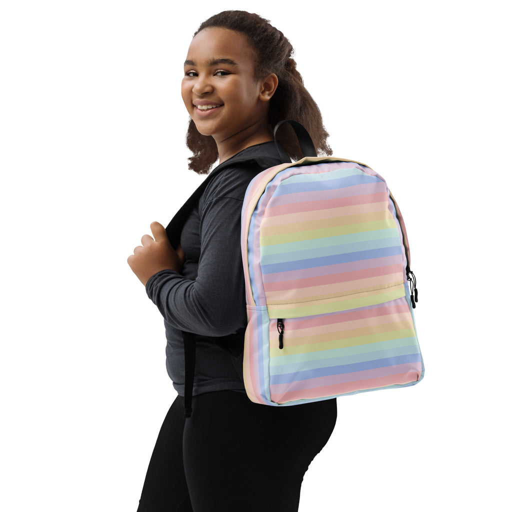 Girls Pastel Rainbow Stripe Backpack - Water-Resistant School Bag With Adjustable Padded Straps & Breathable Mesh Back
