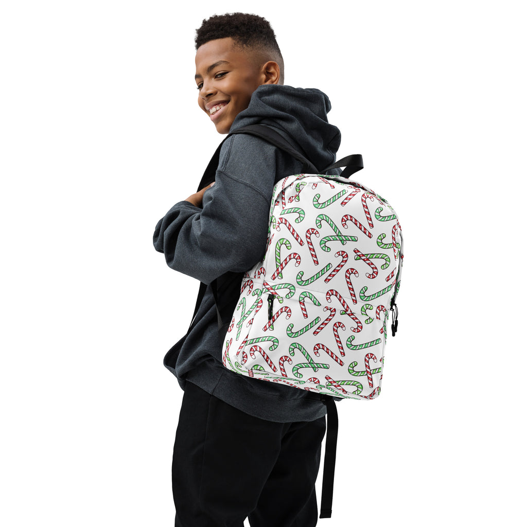Kids Red & Green Candy Cane Christmas Backpack - Water-Resistant School Bag With Adjustable Padded Straps & Breathable Mesh Back